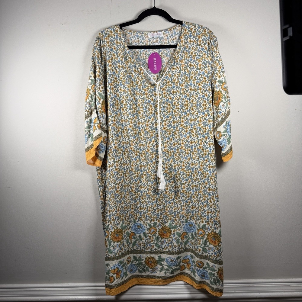 Halife Shift Dress XL Tassle Ties‎ Floral Beachy Cottage Cool Comfortable Summer